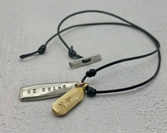 Leather Mens Mixed Metal Pendant Necklace - Personalised  Unisex Pendant Necklace -  Simple Mens Necklace
