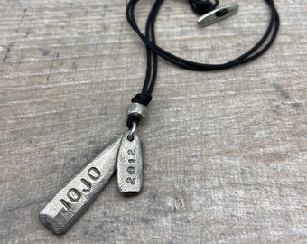 Double Pendant Necklace - Custom Name Necklace - 2 Pewter Charms on Cord Necklace - Personalised Date Necklace - Boho Beach Necklace