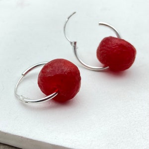 Red Earring Hoops - Recycled Glass Red Hoop Earrings - Bright Earrings - Gift for Her - Gift for Friend - Sterling Silver Hoop Earrings