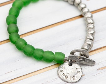 Recycled Green Glass Bead Bracelet - Recycled Jewellery - Personalised Bracelet - Mothers Day Gift - Gift for Her - 30th Birthday Jewellery