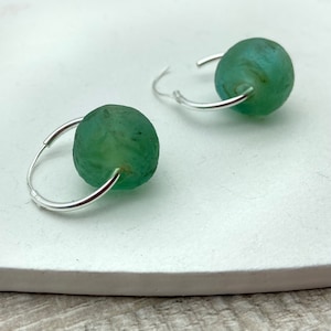 Sea Glass Green Earring Hoops - Recycled Glass Green Hoop Earrings - Minimalist Ear Hoops - Gift for Friend - Sterling Silver Hoop Earrings