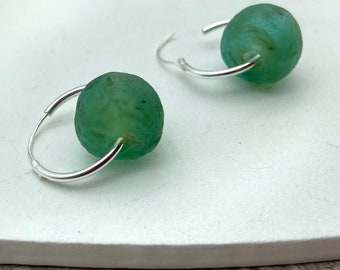 Sea Glass Green Earring Hoops - Recycled Glass Green Hoop Earrings - Minimalist Ear Hoops - Gift for Friend - Sterling Silver Hoop Earrings