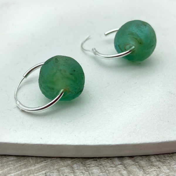 Sea Glass Green Earring Hoops - Recycled Glass Green Hoop Earrings - Minimalist Ear Hoops - Gift for Friend - Sterling Silver Hoop Earrings