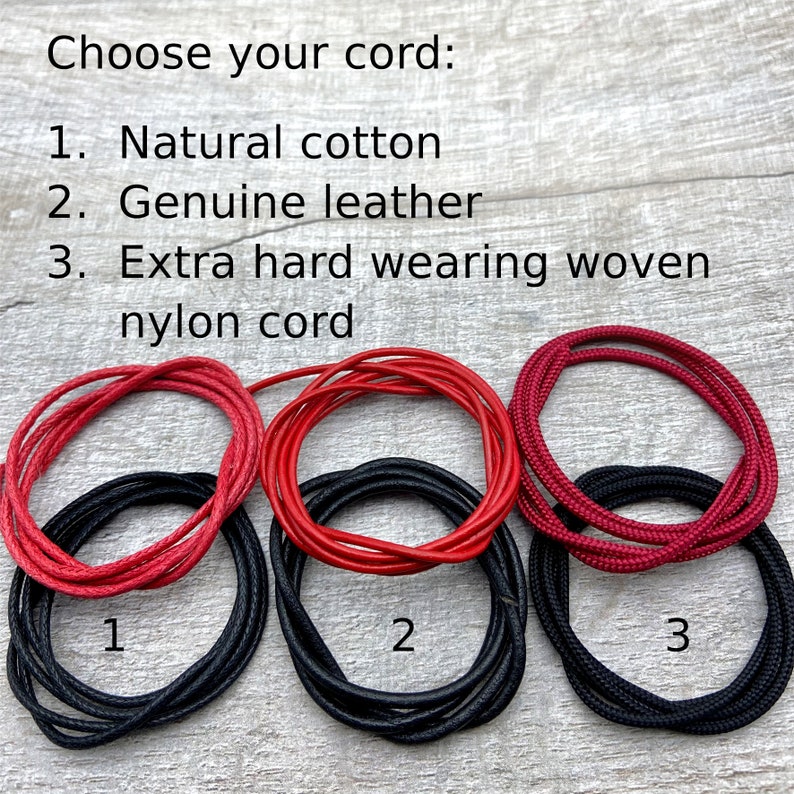 May include: Three different types of cord for jewelry making: natural cotton, genuine leather, and extra hard wearing woven nylon cord. The cords are red and black and are labeled with numbers 1, 2, and 3.