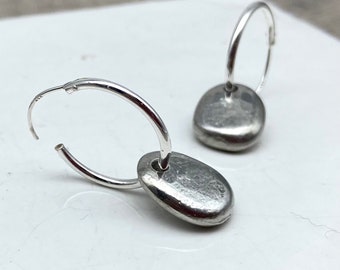 Pebble Hoop Earrings - Pewter Pebble Earrings  - Sterling Silver Hoop Earrings - Eco Friendly gift - 10th Anniversary Gift - Tin Anniversary
