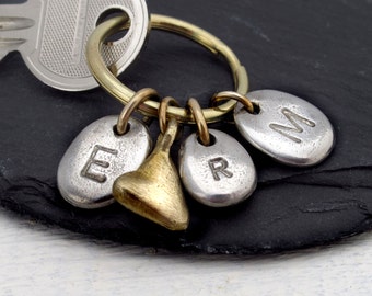 First Family Christmas Keyring - Personalized Family Initial & Heart Key Ring - Christmas in New Home Gift - Pewter and Bronze Keychain