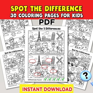 May include: A set of black and white printable "Spot the Difference" colouring pages for children. The pages show various scenes, including travel-themed images with landmarks like the Eiffel Tower and the Leaning Tower of Pisa. The text "Spot the Difference" and "Instant Download" are visible.