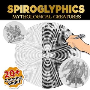 Puede incluir: Un fondo negro con texto dorado que dice "SPIROGLYPHICS" y "MYTHOLOGICAL CREATURES". La imagen presenta una mano sosteniendo un bolígrafo, dibujando un diseño en espiral de una criatura mitológica. También se muestran dos ilustraciones circulares de criaturas mitológicas, junto con una pegatina que dice "20+ Coloring pages".