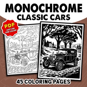 Könnte beinhalten: Ein digitales PDF-Malbuch mit dem Titel MONOCHROME CLASSIC CARS mit 45 Ausmalbildern. Das Bild zeigt zwei Versionen einer Illustration eines Oldtimers: eine mit schwarzen Umrissen auf weißem Grund und eine mit schwarzer Füllung.