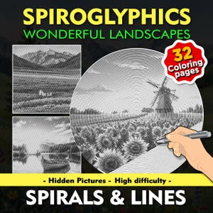 Peut inclure: Un livre de coloriage Spiroglyphics Wonderful Landscapes avec 32 pages à colorier, des images cachées, une difficulté élevée, des spirales et des lignes. La couverture présente des dessins en noir et blanc de montagnes, un lac et un bateau.
