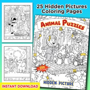 Hidden Pictures Coloring Pages, Animal Puzzles, Search & Find Printable Puzzles, Hidden Objects, Instant Download