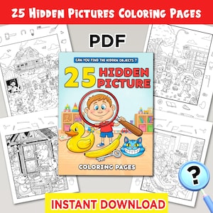25 Hidden Pictures Coloring Pages, Seek Find Puzzle Book (Instant Download)