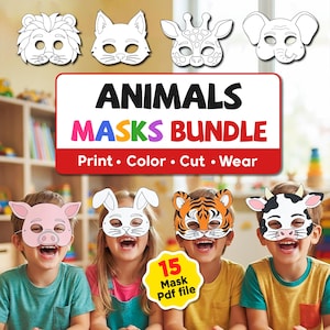 Pode incluir: Um pacote digital de 15 máscaras de animais em arquivo PDF. O gráfico apresenta desenhos em preto e branco de um leão, gato, girafa e elefante, além de máscaras coloridas de um porco, coelho, tigre e vaca. Texto: ANIMALS MASKS BUNDLE.