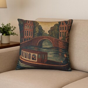 Cojín tejido Ams Boat/Paisajístico: decoración de barco vintage, un toque acogedor para el hogar, regalo perfecto para amantes de la naturaleza, arte de puente holandés