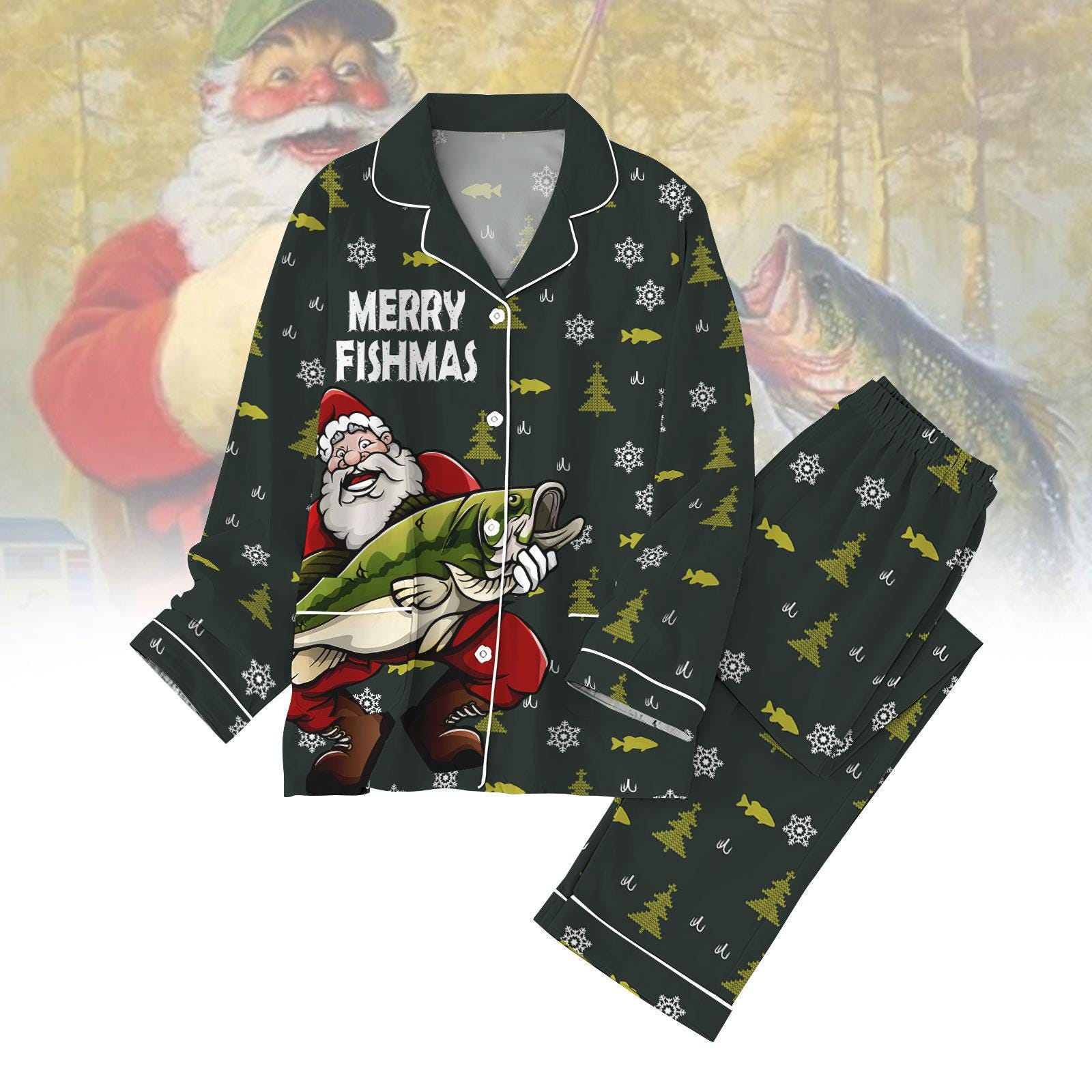 Discover Santa Christmas Pajamas, Merry Fishmas Pajama Set, for Men Women, Holiday Sleepwear, Fun PJs, Christmas Gift