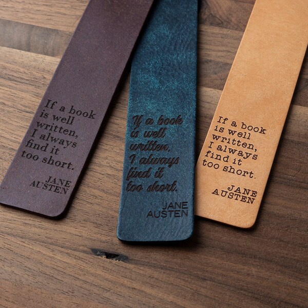 Too Short Leather Bookmark (custom leather bookmark, personalized gift, gift for her, book quote gift, Jane Austen quote, Jane Austen gift)