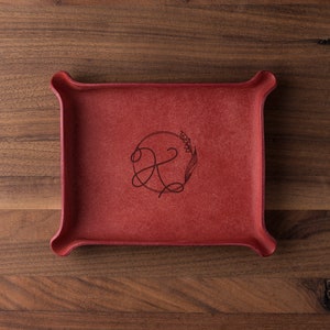 Birth Flower Monogrammed Leather Ring Dish (custom catchall, leather valet tray, birth flower gift, birthday gift for her, custom gift)