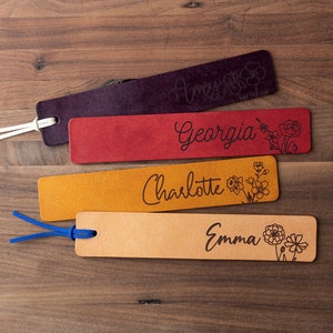 Birth Month Flower + Name Personalized Leather Bookmark (custom leather bookmark, personalized gift, custom gift for her, birth flower gift)