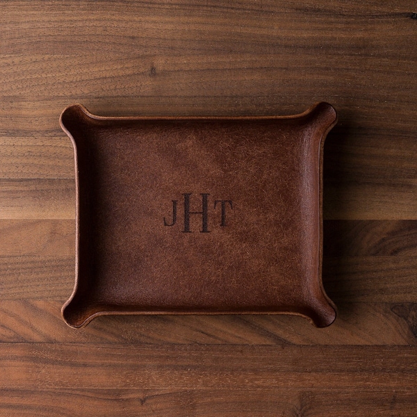 Large Monogram Leather Ring Dish (custom leather catchall, leather valet tray, custom gift, groomsmen gift, personalized gift for her)