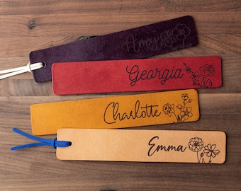 Birth Month Flower + Name Personalized Leather Bookmark (custom leather bookmark, personalized gift, custom gift for her, birth flower gift)