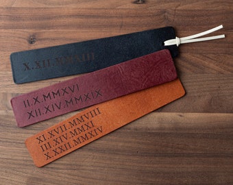 Roman Numeral Date Leather Bookmark (custom leather bookmark, personalized gift, gift for her, gift for him, leather anniversary gift)