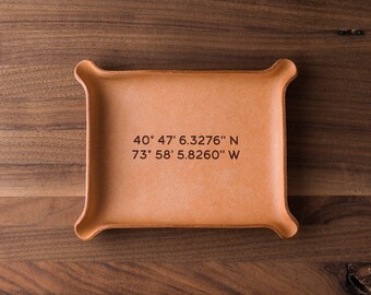 Latitude Longitude Leather Ring Dish (leather valet tray, custom catchall, personalized gift, custom gift for him, custom gift for her)