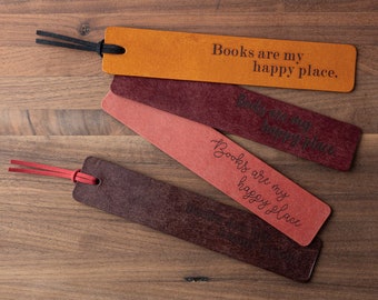 Books are My Happy Place Leather Bookmark (custom leather bookmark, personalized bookmark, custom gift for her, custom gift for book lover)