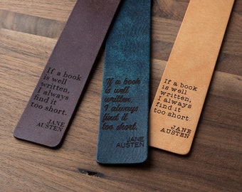 Too Short Leather Bookmark (custom leather bookmark, personalized gift, gift for her, book quote gift, Jane Austen quote, Jane Austen gift)