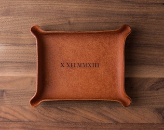 Roman Numeral Date Leather Ring Dish (leather valet tray, custom catchall, personalized gift, gift for him, gift for her, anniversary date)