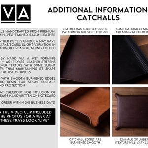 May include: A rectangular leather catchall tray featuring burnished edges and a smooth finish. The tray is shown from multiple angles, including a top-down view of the underside and close-ups of the folded corners and interior surface.