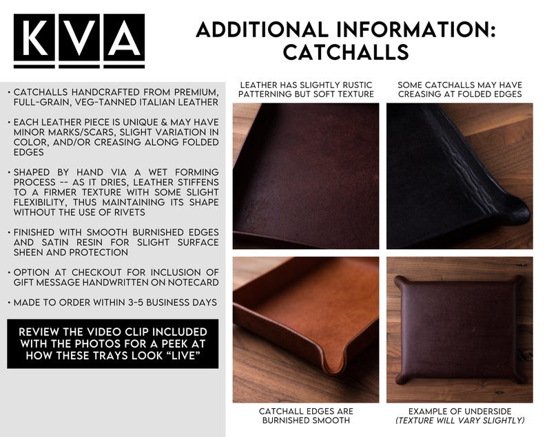 May include: A rectangular leather catchall tray featuring burnished edges and a smooth finish. The tray is shown from multiple angles, including a top-down view of the underside and close-ups of the folded corners and interior surface.