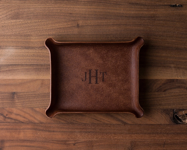 Large Monogram Leather Ring Dish custom leather catchall, leather valet tray, custom gift, groomsmen gift, personalized gift for her image 1