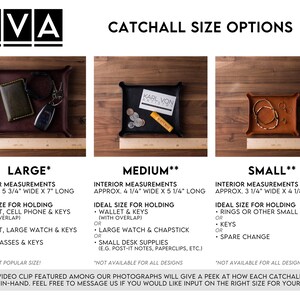 May include: Three rectangular leather catchall trays in large, medium, and small sizes, displayed with a wooden ruler. The large tray is dark brown, the medium is black, and the small is tan. Each tray features folded corners and holds various personal items.