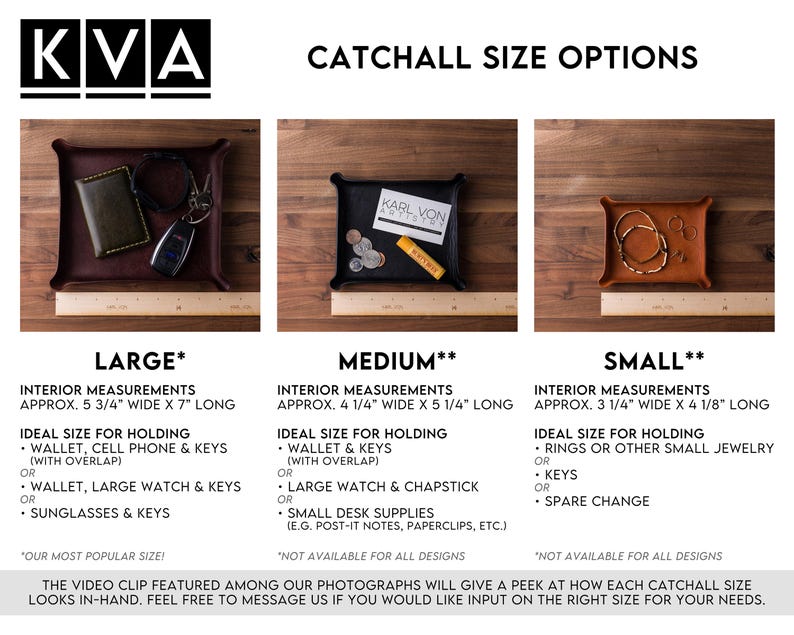 May include: Three rectangular leather catchall trays in large, medium, and small sizes, displayed with a wooden ruler. The large tray is dark brown, the medium is black, and the small is tan. Each tray features folded corners and holds various personal items.
