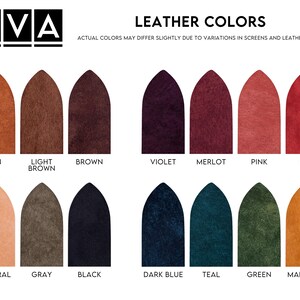 May include: A KVA leather color chart featuring fourteen arched swatches in tan, light brown, brown, violet, merlot, pink, red, natural, gray, black, dark blue, teal, green, and marigold. The text reads KVA LEATHER COLORS.
