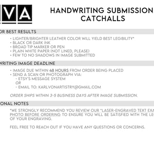 May include: An informational graphic titled KVA HANDWRITING SUBMISSION: CATCHALLS. It lists tips for best results including using lighter leather, dark ink, broad tip markers, and plain white paper. It outlines submission deadlines and contact info.