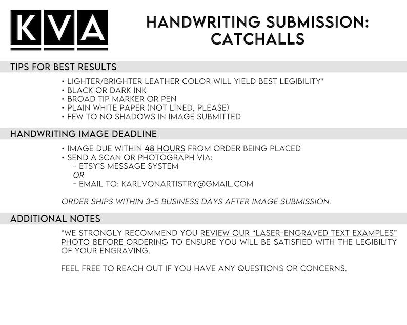 May include: An informational graphic titled KVA HANDWRITING SUBMISSION: CATCHALLS. It lists tips for best results including using lighter leather, dark ink, broad tip markers, and plain white paper. It outlines submission deadlines and contact info.