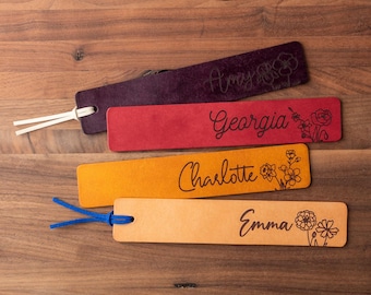 Birth Month Flower + Name Personalized Leather Bookmark (custom leather bookmark, personalized gift, custom gift for her, birth flower gift)