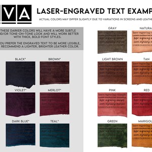 May include: A color chart titled KVA LASER-ENGRAVED TEXT EXAMPLES displaying various leather swatches in black, brown, violet, merlot, dark blue, teal, gray, natural, light brown, tan, pink, red, green, and marigold with engraved text.
