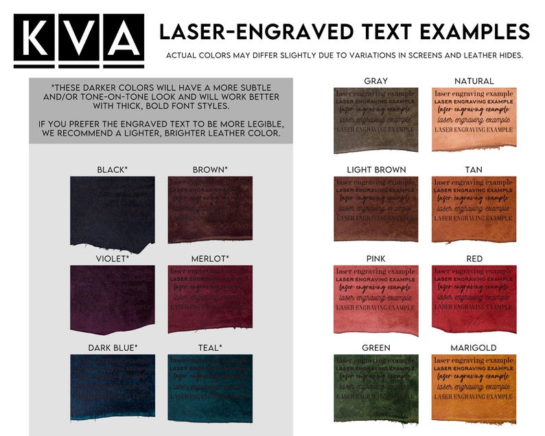 May include: A color chart titled KVA LASER-ENGRAVED TEXT EXAMPLES displaying various leather swatches in black, brown, violet, merlot, dark blue, teal, gray, natural, light brown, tan, pink, red, green, and marigold with engraved text.