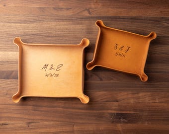 Dual Monogram & Date Leather Ring Dish (leather catchall, custom valet tray, wedding gift for couple, gift for her, custom anniversary gift)