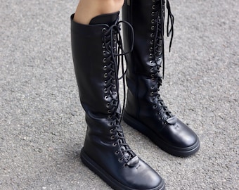 High Lace-Up Leather Boots: Wide Toe, Low Heel, Customizable Color