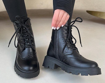 Black Leather Brogue Boots: Women's Lace-Up Military Style