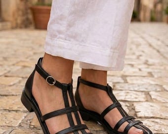 Leather Fisherman Sandals Women | Square Toe Closed Toe Strappy Flats | Handmade Gladiator Sandals | Minimalist Summer Sandals