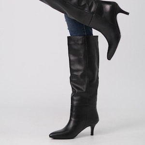 Vintage Black Leather Knee High Boots: 90s Retro Cone Heel
