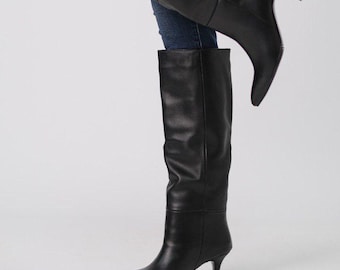 Vintage Black Leather Knee High Boots: 90s Retro Cone Heel