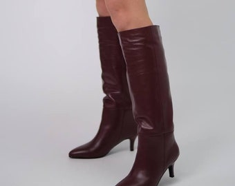 Vintage Burgundy Leather Knee High Boots: Retro Kitten Heel, Custom Made