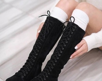 Handmade Black Suede Knee High Boots: Lace Up Motorcycle Combat Boots