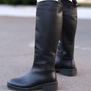 Black Reptile Leather Knee High Boots: Square Toe, Full Zipper