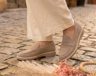 Mocasines beige descalzos para mujer / Zapatos de piel con puntera ancha / Mocasines de ante hechos a mano / Zapatos planos minimalistas / Zapatos con caída cero